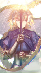 Rule 34 | 1girl, armor, armored dress, banner, blonde hair, braid, chain, closed eyes, facing viewer, fate/apocrypha, fate/grand order, fate (series), gauntlets, headpiece, highres, holding, jeanne d&#039;arc (fate), jeanne d&#039;arc (ruler) (fate), lens flare, light rays, long braid, single braid, solo, standard bearer, upper body, weapon, zonotaida