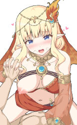 Rule 34 | 1boy, 1girl, blonde hair, blue eyes, blunt bangs, blush, bracer, breasts, censored, circlet, cowgirl position, detached sleeves, elf, fire hair ornament, girl on top, harem outfit, heart, hetero, holding hands, ichio, jewelry, large breasts, long hair, mosaic censoring, navel, neck ring, nipples, o-ring, one breast out, open mouth, penis, pointy ears, princess connect!, saren (princess connect!), saren (sarasaria) (princess connect!), sarong, sex, sidelocks, spread legs, straddling, tearing up, vaginal, veil