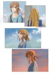 Rule 34 | 1boy, 1girl, blonde hair, brown hair, closed mouth, cloud, collarbone, day, earrings, facing away, green shirt, highres, jewelry, link, long hair, looking at viewer, looking up, nintendo, outdoors, pointy ears, ponytail, princess zelda, psp26958748, shirt, the legend of zelda, the legend of zelda: breath of the wild