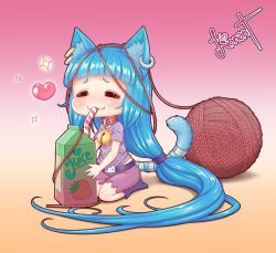 Rule 34 | 1girl, :3, absurdly long hair, animal ears, artist name, bell, belt, blue hair, blunt bangs, blush, cat ears, cat tail, chibi, closed eyes, closed mouth, collar, drink, drinking, drinking straw, ear piercing, english text, female focus, flat chest, gradient background, hair tie, happy, heart, jingle bell, juice, kionant, kneeling, long hair, neck bell, orange background, original, piercing, pink background, purple shirt, purple shorts, purple socks, seiza, shiny skin, shirt, short sleeves, shorts, signature, simple background, sitting, smile, socks, solo, sparkle, tail, very long hair, yarn, yarn ball