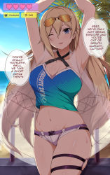 Rule 34 | 1girl, ;d, alternate costume, armpits, arms up, bare arms, beach, bianka durandal ataegina, bianka durandal ataegina (valkyrie gloria), blonde hair, blue eyes, blue sky, breasts, buckle, cleavage, clip studio paint (medium), collarbone, commentary, cowboy shot, criss-cross halter, day, english commentary, english text, eyewear on head, gameplay mechanics, groin, hair between eyes, halterneck, head tilt, heart, highres, honkai (series), honkai impact 3rd, horizon, large breasts, legs together, long hair, looking at viewer, micro shorts, midriff, navel, ocean, one eye closed, open mouth, palm tree, railing, sand, see-through, shade, sheita, shiny skin, shorts, skindentation, sky, smile, solo, speech bubble, spoken heart, standing, stomach, sunglasses, sweat, talking, thigh strap, tree, very long hair, white shorts
