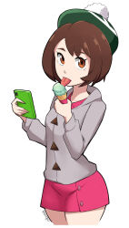 Rule 34 | 1girl, allbeatnik, bob cut, brown eyes, brown hair, buttons, cardigan, cellphone, collared dress, commentary, cowboy shot, creatures (company), dress, eating, food, game freak, gloria (pokemon), green hat, grey cardigan, hat, highres, holding, holding phone, hooded cardigan, ice cream, licking, looking at viewer, nintendo, phone, pink dress, pokemon, pokemon swsh, short hair, simple background, solo, tam o&#039; shanter, tongue, tongue out, white background