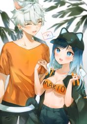 Rule 34 | 1boy, 1girl, :d, ^ ^, absurdres, animal ears, animal hat, baseball cap, black headwear, black jacket, black pants, blue eyes, blue hair, blue nails, blurry, blurry background, blush, breasts, cat hat, cheli (kso1564), cleavage, closed eyes, collarbone, commentary request, copyright request, depth of field, fake animal ears, fang, gradient hair, hair between eyes, hat, heart, highres, interlocked fingers, jacket, jacket on shoulders, jewelry, long hair, medium breasts, mole, mole on neck, mole under mouth, multicolored hair, nail polish, open mouth, orange shirt, pants, ring, shared speech bubble, shirt, short sleeves, silver hair, smile, speech bubble, spoken heart, virtual youtuber