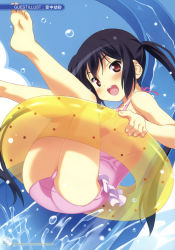 Rule 34 | 1girl, absurdres, ass, barefoot, black hair, blush, brown eyes, casual one-piece swimsuit, feet, highres, innertube, k-on!, kuuchuu yousai, long hair, nakano azusa, non-web source, one-piece swimsuit, open mouth, outdoors, pink one-piece swimsuit, round teeth, soles, solo, swim ring, swimsuit, teeth, toes, twintails, very long hair, water, water slide