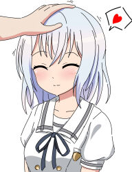 Rule 34 | 1girl, 1other, ^ ^, bang dream!, black ribbon, blush, breasts, closed eyes, closed mouth, collarbone, commentary request, dress, grey hair, hand on another&#039;s head, headpat, heart, highres, kurata mashiro, light smile, medium hair, neck ribbon, puffy short sleeves, puffy sleeves, ribbon, sailor collar, sailor dress, school uniform, seiso-kei yurufuwa bishoujo, short sleeves, sidelocks, simple background, small breasts, solo focus, speech bubble, split mouth, spoken heart, summer uniform, tsukinomori school uniform, upper body, white background, white dress, white sailor collar