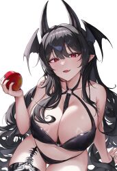 Rule 34 | 1girl, 39chiho, absurdres, apple, bikini, black bikini, black garter straps, black horns, black nails, black thighhighs, black wings, breasts, cleavage, collarbone, commission, demon girl, demon horns, eyelashes, fang, food, fruit, garter straps, head wings, highres, holding, holding food, holding fruit, horns, huge breasts, long hair, o-ring, o-ring bikini, open mouth, original, pointy ears, red eyes, single garter strap, skin fang, swimsuit, thigh gap, thighhighs, wings