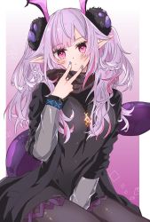 Rule 34 | 1girl, an fyhx, arknights, black dress, black pantyhose, blue nails, blunt bangs, blush, breasts, commentary request, cowboy shot, dress, expressionless, finger to face, gradient background, hair ornament, head wings, highres, jewelry, long hair, long sleeves, looking at viewer, manticore (arknights), manticore (invisible dirge) (arknights), medium breasts, nail polish, necklace, official alternate costume, pantyhose, pointy ears, purple background, purple eyes, purple hair, scorpion tail, short dress, sitting, solo, tail, twintails, v, white background, wings