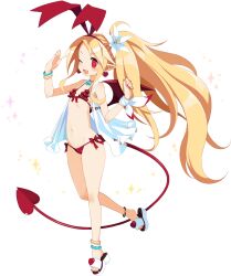 Rule 34 | 1girl, anklet, bikini, blonde hair, bow, bracelet, demon girl, demon tail, demon wings, disgaea, disgaea rpg, earrings, fang, flat chest, flonne, flonne (fallen angel), flower, frilled bikini, frills, hair flower, hair ornament, heart, heart-shaped pupils, heart earrings, high ponytail, highres, jewelry, long hair, long tail, lowleg, lowleg bikini, nail polish, navel, necklace, non-web source, one eye closed, open mouth, pointy ears, red bikini, red eyes, red nails, sandals, shell, shell necklace, solo, sparkle, swimsuit, symbol-shaped pupils, tail, toenail polish, toenails, transparent background, very long hair, wings