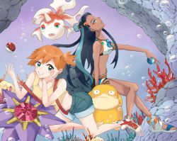 Rule 34 | 2girls, black hair, blue eyes, blue hair, bubble, creatures (company), dark-skinned female, dark skin, game freak, gen 1 pokemon, goldeen, grin, head rest, highres, holding, holding poke ball, jewelry, long hair, looking at viewer, midriff, misty (pokemon), multicolored hair, multiple girls, necklace, nessa (pokemon), nintendo, orange hair, poke ball, pokemon, pokemon (anime), pokemon (classic anime), pokemon (creature), pokemon swsh, psyduck, sandals, shirt, shoes, side ponytail, sleeveless, sleeveless shirt, smile, starmie, suspenders, two-tone hair, underwear, yellow shirt