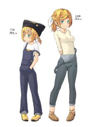Rule 34 | 2girls, absurdres, aged up, alternate costume, animal hat, black headwear, black overalls, blonde hair, blue eyes, blush, bow, breasts, brown footwear, character age, closed mouth, commentary request, flat chest, full body, grey overalls, hair bow, hat, height, highres, kagamine rin, kitsunerider, looking at viewer, medium breasts, multiple girls, overalls, ponytail, shirt, shoes, short hair, short ponytail, simple background, smile, swept bangs, transparent background, vocaloid, white bow, white shirt, yellow shirt