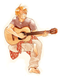 Rule 34 | 1boy, acoustic guitar, ahoge, america (hetalia), arms up, axis powers hetalia, barefoot, blonde hair, classical guitar, closed eyes, dog tags, feet, glasses, guitar, happy, instrument, iwaki soyogo, jacket, jewelry, male focus, necklace, open mouth, pants, short hair, sitting, solo, tag