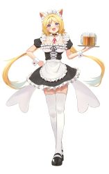 Rule 34 | 1girl, absurdres, aki rosenthal, alcohol, alternate costume, animal ears, apron, beer, beer mug, bell, between breasts, black choker, black footwear, blonde hair, breasts, cat ears, choker, cup, detached collar, enmaided, frilled apron, frills, full body, hand on own hip, highres, hololive, long hair, looking at viewer, low twintails, maid, maid headdress, mug, neck bell, necktie, necktie between breasts, open mouth, parted bangs, pink necktie, puffy short sleeves, puffy sleeves, purple eyes, short sleeves, simple background, smile, solo, standing, thighhighs, tray, twin (tt lsh), twintails, very long hair, virtual youtuber, waist apron, white apron, white background, white thighhighs, wrist cuffs, zettai ryouiki