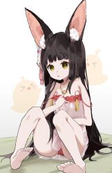 Rule 34 | 1girl, absurdres, animal ear fluff, animal ears, azur lane, bare shoulders, barefoot, black hair, blunt bangs, breasts, camisole, commission, commissioner upload, double strap slip, feet, fox ears, fox mask, frilled camisole, frills, full body, hand on own chest, highres, jewelry, knees up, long hair, manjuu (azur lane), mask, mask on head, medium breasts, nagato (azur lane), nagato (great fox&#039;s respite) (azur lane), necklace, non-web source, panties, parted lips, red camisole, red panties, see-through, side-tie panties, sidelocks, sitting, skeb commission, solo, strap slip, tatami, toes, underwear, unitedunti, very long hair, white background, yellow eyes