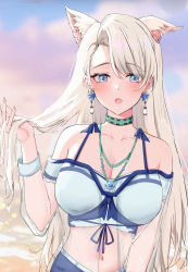 Rule 34 | 1girl, a-soul, absurdres, animal ears, blonde hair, blue eyes, breasts, choker, cleavage, crop top, earrings, eileen (a-soul), hand up, highres, jewelry, kirin3145, large breasts, light blue skin, long hair, looking at viewer, navel, necklace, open mouth, pendant, solo, upper body, virtual youtuber