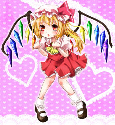Rule 34 | 1girl, ascot, bad hands, bad id, bad pixiv id, blonde hair, blush, bobby socks, child, dress, embodiment of scarlet devil, female focus, flandre scarlet, hat, heart, highres, mary janes, open mouth, paw pose, physali, physalis, red dress, red eyes, red skirt, shirt, shoes, side ponytail, skirt, socks, solo, touhou, white socks, wings