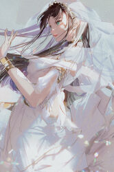 Rule 34 | 1girl, arabian clothes, armlet, armpits, bare shoulders, bracelet, breasts, brown hair, dress, earrings, gold bracelet, gold earrings, gold necklace, green eyes, grey background, happy, highres, indie virtual youtuber, jewelry, light, long dress, long hair, looking to the side, lucia (vtuber), medium breasts, necklace, open mouth, ring, shiomi (lowrise), short bangs, sidelocks, simple background, sleeveless, sleeveless dress, smile, solo, standing, tassel, traditional clothes, transparent headwear, very long hair, virtual youtuber, white dress, white headwear