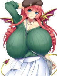 Rule 34 | 1girl, arm behind head, blue eyes, blush, breasts, cleavage, curly hair, dmm, drill hair, covered erect nipples, hat, huge breasts, inma kourin devil carnival, jewelry, kisuke i, long hair, looking at viewer, necklace, pointy ears, red hair, smile, solo, tail, wings