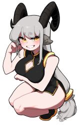 Rule 34 | 1girl, absurdres, animal ears, bare shoulders, black dress, bolt (min lona), breasts, china dress, chinese clothes, cleavage, cleavage cutout, clothing cutout, dress, goat ears, goat girl, goat horns, grey hair, highres, horns, large breasts, long hair, min lona, original, rectangular pupils, simple background, sleeveless, sleeveless dress, smile, solo, squatting, thick eyebrows, very long hair, white background, yellow eyes