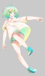 Rule 34 | 1girl, :d, ahoge, bare shoulders, blush, collarbone, comah, full body, green eyes, green footwear, green hair, green shorts, grey background, looking away, looking to the side, navel, off shoulder, open mouth, original, shirt, shoes, short hair, short shorts, short sleeves, shorts, simple background, smile, solo, teeth, upper teeth only, white shirt, wide sleeves