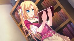 Rule 34 | 1girl, blonde hair, blue eyes, blush, book, collarbone, crying, crying with eyes open, female focus, flower, game cg, hair ornament, highres, jewelry, long hair, mel carlyle, necklace, open book, open mouth, pendant, reading, ribbon, ryuuyoku no melodia, skirt, solo, tears, tenmaso, whirlpool (studio)