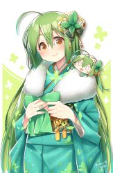 Rule 34 | 10s, 2016, 2girls, ahoge, bow, dated, dual persona, eyebrows, flower knight girl, green bow, green hair, green nails, green theme, hair ornament, hattori masaki, japanese clothes, long hair, looking at viewer, mini person, minigirl, mint, mint (flower knight girl), multiple girls, nail polish, name connection, o o, object namesake, signature, smile, thick eyebrows, yellow eyes
