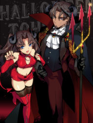 Rule 34 | 1boy, 1girl, bad id, bad pixiv id, blue eyes, boots, breasts, brown hair, cape, claw pose, claws, cleavage, cleavage cutout, clothing cutout, costume, demon, demon girl, demon horns, demon tail, elbow gloves, facial hair, fang, fate/stay night, fate/zero, fate (series), father and daughter, fingerless gloves, fingernails, fishnet thighhighs, fishnets, gloves, goatee, halloween, high heels, horns, long fingernails, long hair, midriff, navel, polearm, rokuji, shoes, short shorts, shorts, tail, thigh boots, thighhighs, time paradox, tohsaka rin, tohsaka tokiomi, trident, two side up, weapon