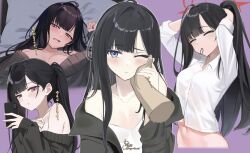 Rule 34 | 1girl, 1other, adjusting hair, alternate costume, bare shoulders, black hair, black jacket, black sweater, blue archive, blue eyes, blush, breasts, cleavage, closed eyes, collarbone, disembodied hand, halo, highres, holding, holding phone, ichika (blue archive), jacket, long hair, looking at viewer, lying, medium breasts, midriff, multiple views, navel, off shoulder, on back, one eye closed, open mouth, parted bangs, phone, ponytail, red halo, ryouta (ryouta335), shirt, stomach, sweater, translation request, upper body, white shirt