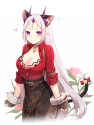 Rule 34 | 1girl, animal ears, artist name, belt, blush, breasts, cat ears, cat tail, cleavage, closers, collar, fingerless gloves, flower, gloves, heart, large breasts, levia (closers), long hair, looking at viewer, millgua, ofuda, pointy ears, purple eyes, side slit, silver hair, simple background, skirt, solo, tail, very long hair