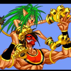 Rule 34 | 1990s (style), animal ears, brother and sister, cat ears, cat tail, cham cham, claws, game, green eyes, green hair, jewelry, lowres, mask, mask on head, muscular, neo geo, pixel art, retro artstyle, samurai spirits, shiroo oono, siblings, size difference, snk, tail, tamtam (samurai spirits)