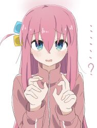 Rule 34 | 1girl, ?, blue eyes, blush, bocchi the rock!, cube hair ornament, embarrassed, gotoh hitori, hair between eyes, hair ornament, hands up, highres, jacket, long sleeves, looking at viewer, pink hair, pink jacket, pink track suit, side ahoge, solo, tonkotsu frappuccino, track jacket, upper body, white background