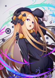 Rule 34 | 1girl, abigail williams (fate), arm up, black bow, black dress, black hat, blonde hair, bloomers, blue eyes, bow, bug, butterfly, commentary request, dress, fate/grand order, fate (series), forehead, gajumaru09, grey background, hair bow, hat, insect, long hair, long sleeves, looking at viewer, open mouth, orange bow, parted bangs, sleeves past fingers, sleeves past wrists, solo, underwear, very long hair, white bloomers
