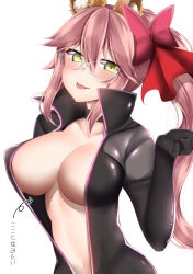 Rule 34 | 1girl, animal ears, arrow (symbol), biker clothes, bikesuit, black bodysuit, black gloves, blush, bodysuit, bow, breasts, cleavage, fate/grand order, fate (series), fox ears, glasses, gloves, hair between eyes, hair bow, highres, kitajima yuuki, koyanskaya (assassin) (first ascension) (fate), koyanskaya (fate), large breasts, long hair, looking at viewer, navel, no bra, open clothes, pink hair, ponytail, sideboob, simple background, smile, solo, standing, tongue, tongue out, translation request, unzipped, very long hair, white background, yellow eyes