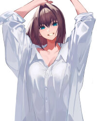 Rule 34 | 1girl, aozaki aoko, arms up, blue eyes, breasts, brown hair, cleavage, fate/grand order, fate (series), genshu doki, hair intakes, highres, large breasts, mahou tsukai no yoru, oversized clothes, oversized shirt, shirt, smile, solo, white background, white shirt