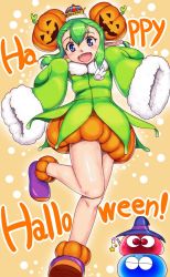 Rule 34 | 1girl, blue eyes, blush, breasts, commentary request, crown, english text, food-themed hair ornament, full body, green hair, hair between eyes, hair ornament, halloween, hat, highres, jack-o&#039;-lantern, lidelle (puyopuyo), long sleeves, looking at viewer, medium breasts, open mouth, orizen, outline, pointy ears, pumpkin, pumpkin hair ornament, puyopuyo, puyopuyo quest, sega, shoes, sidelocks, sleeves past fingers, sleeves past wrists, slime (creature), smile, standing, standing on one leg, star (symbol), tareme, thighs, white outline, yellow background