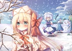 Rule 34 | + +, 4girls, :d, apron, artist name, bare tree, black footwear, blonde hair, blue bow, blue dress, blue eyes, blue hair, blue skirt, blue sky, blue vest, blush, bow, bowtie, branch, cirno, cloud, commentary request, daiyousei, day, dress, fairy wings, flower, from side, green hair, hair between eyes, hair bow, highres, ice, ice wings, juliet sleeves, letty whiterock, lily white, long hair, long sleeves, looking at viewer, multiple girls, open mouth, outdoors, pinafore dress, pudding (skymint 028), puffy sleeves, red bow, red neckwear, shirt, shoes, side ponytail, signature, silver hair, skirt, skirt set, sky, sleeveless dress, smile, snow, snowing, snowman, socks, standing, touhou, tree, upper body, very long hair, vest, waist apron, white apron, white dress, white headwear, white legwear, white shirt, wide sleeves, wings