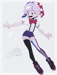 Rule 34 | 1boy, :d, a (poipiku 325815), ahoge, asymmetrical legwear, black thighhighs, blue nails, border, bow, bowtie, center frills, commentary request, fangs, frills, full body, grey background, hat, jester cap, kirby, kirby (series), marx (kirby), nail polish, nintendo, open mouth, outstretched arm, personification, puffy short sleeves, puffy sleeves, purple footwear, purple hair, purple shorts, red bow, red bowtie, red nails, shirt, shoes, short hair, short shorts, short sleeves, shorts, smile, solo, standing, striped clothes, striped thighhighs, suspender shorts, suspenders, thighhighs, white shirt