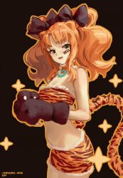 Rule 34 | 1girl, animal ears, animal hands, animal print, arknights, artist name, bandeau, black background, black bow, bow, character name, cowboy shot, facepaint, fang, gloves, green eyes, hair bow, halloween costume, highres, looking at viewer, open mouth, orange bandeau, orange hair, orange shorts, paw gloves, shorts, simple background, solo, songchuan li, sparkle, swire (arknights), tail, tiger ears, tiger girl, tiger print, tiger tail