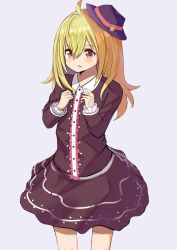 Rule 34 | 1girl, blonde hair, brown dress, brown eyes, center frills, collared dress, commentary request, dress, frilled sleeves, frills, grey background, hair between eyes, hands up, hat, highres, long hair, long sleeves, looking at viewer, natsuki (natukituki), original, purple hat, simple background, sleeves past wrists, solo, tilted headwear