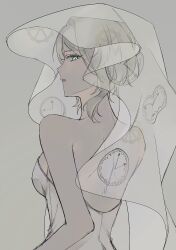 Rule 34 | aojiru oisiiiii, bare back, bare shoulders, blue eyes, breasts, clock, e.g.o (project moon), faust (project moon), highres, limbus company, looking at viewer, parted lips, project moon, short hair, simple background, veil, white hair
