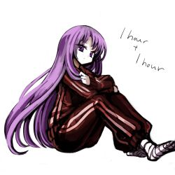 Rule 34 | 1other, alternate costume, androgynous, anmita (rarutos), bandaged foot, bandages, clause (len&#039;en), closed mouth, commentary request, crossed arms, english text, len&#039;en, long hair, long sleeves, other focus, parted bangs, purple eyes, purple hair, red track suit, simple background, sitting, solo, track suit, very long hair, white background