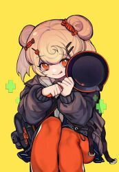 Rule 34 | 1girl, :q, animal ears, arknights, bear ears, bear girl, black jacket, blonde hair, candy hair ornament, closed mouth, commentary request, feet out of frame, food-themed hair ornament, frying pan, gummy (arknights), hair ornament, hairclip, holding, holding frying pan, imros, jacket, long sleeves, looking at viewer, medium hair, orange eyes, orange pantyhose, pantyhose, simple background, smile, solo, tongue, tongue out, yellow background
