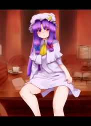 Rule 34 | 1girl, bad id, bad pixiv id, blush, book, female focus, hat, letterboxed, long hair, looking at viewer, mizuga, patchouli knowledge, purple eyes, purple hair, sitting, solo, touhou
