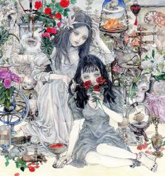 Rule 34 | 2girls, album cover, amakishiyon, animal skeleton, animal skull, anklet, armillary sphere, barefoot, bird, brain, chalice, cover, cup, dagger, doll, dress, expressionless, fetus, flower, full body, gem, grey dress, hair flower, hair ornament, hand in another&#039;s hair, highres, holding, holding flower, jewelry, kneeling, knife, leaf, lily (flower), looking at viewer, multiple girls, original, petals, rabbit, red flower, red rose, ring, rose, sitting, skeleton, skull, weapon