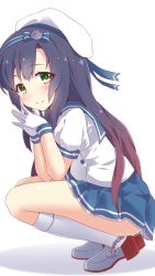 Rule 34 | 1girl, black hair, blue neckerchief, blue ribbon, blue skirt, blush, commentary request, from side, full body, gloves, gradient hair, green eyes, hat, highres, kantai collection, kneehighs, koumei (twinameless), long hair, looking at viewer, matsuwa (kancolle), multicolored hair, neckerchief, pleated skirt, puffy sleeves, purple hair, ribbon, sailor hat, school uniform, serafuku, short sleeves, simple background, skirt, smile, socks, solo, squatting, white background, white gloves, white hat, white socks