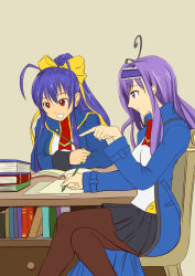 Rule 34 | 2girls, :d, antenna hair, black legwear, blazblue, blazblue remix heart, blue hair, book, book stack, bookshelf, bow, breasts, butterfly hair ornament, chair, desk, drawer, drawfag, genderswap, genderswap (mtf), hair bow, hair ornament, hairband, holding, holding pencil, indoors, kajun faycott, large breasts, long hair, looking at another, mai natsume, miniskirt, multiple girls, open book, open mouth, pantyhose, pencil, pointing, ponytail, purple eyes, purple hair, reading, red eyes, ribbon, school uniform, simple background, sitting, skirt, smile, studying, table, very long hair, writing, yellow bow
