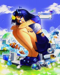 Rule 34 | 1girl, blue eyes, blue footwear, blue hair, blue skirt, bubble, bug, butterfly, cloud, computer, controller, cursor, error message, fish, flower, frutiger aero, gabiecillo, game console, game controller, glasses, hair flower, hair ornament, handheld game console, highres, icon (computing), insect, keyboard (computer), looking at viewer, miniskirt, monitor, mouse (computer), nail polish, original, shoes, short hair, skirt, sky, solo, squatting, water, window (computing)