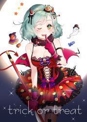 Rule 34 | 1girl, ;p, aqua hair, armband, bang dream!, black hat, black ribbon, black thighhighs, blush, bow, bowtie, bracelet, breasts, candy, cleavage, clothing cutout, cowboy shot, cross-laced clothes, crown, demon horns, demon tail, demon wings, dress, earrings, english text, finger to mouth, food, fur collar, ghost, gloves, green eyes, hair ribbon, hairband, halloween, halloween costume, hat, heart, heart earrings, highres, hikawa hina, holding, holding staff, horns, jack-o&#039;-lantern, jewelry, lock, lollipop, looking at viewer, medium breasts, mini crown, navel, navel cutout, one eye closed, padlock, pink gloves, pink ribbon, polka dot, polka dot dress, puckjjick (belbesi19), purple bow, purple bowtie, red dress, ribbon, short hair, solo, staff, star (symbol), tail, thighhighs, tongue, tongue out, top hat, trick or treat, wings, witch hat