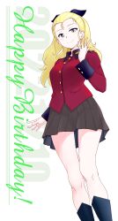 Rule 34 | 1girl, assam (girls und panzer), black footwear, black skirt, blonde hair, blue eyes, boots, commentary request, feet out of frame, forehead, girls und panzer, hair ribbon, hand up, happy birthday, highres, jacket, knee boots, long hair, looking at viewer, pleated skirt, red jacket, ribbon, sasaki akira (ugc), skirt, solo, st. gloriana&#039;s military uniform, standing