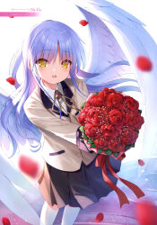 Rule 34 | 1girl, :d, absurdres, angel beats!, angel wings, artist name, black skirt, blazer, blush, bouquet, brown ribbon, character name, collared shirt, copyright name, dress shirt, feathered wings, floating hair, flower, grey hair, highres, holding, holding bouquet, jacket, long hair, long sleeves, looking at viewer, miniskirt, na-ga, neck ribbon, open mouth, petals, pleated skirt, red flower, red rose, ribbon, rose, school uniform, shirt, skirt, smile, socks, solo, standing, tenshi (angel beats!), very long hair, white shirt, white socks, white wings, wing collar, wings, yellow eyes, yellow jacket