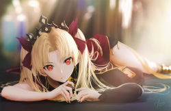 Rule 34 | 1girl, blonde hair, blurry, crown, depth of field, ereshkigal (fate), fate/grand order, fate (series), long hair, looking at viewer, lying, ojay tkym, on stomach, red eyes, red ribbon, ribbon, signature, single thighhigh, skull collar, solo, solo focus, thighhighs, twintails
